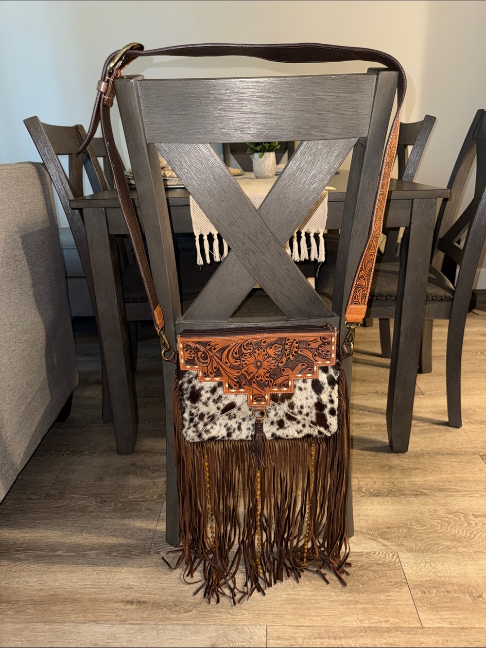 Fringed Tooled Leather Crossbody Bag with Cowhide Accent -HAUTE SOUTHERN HYDE-